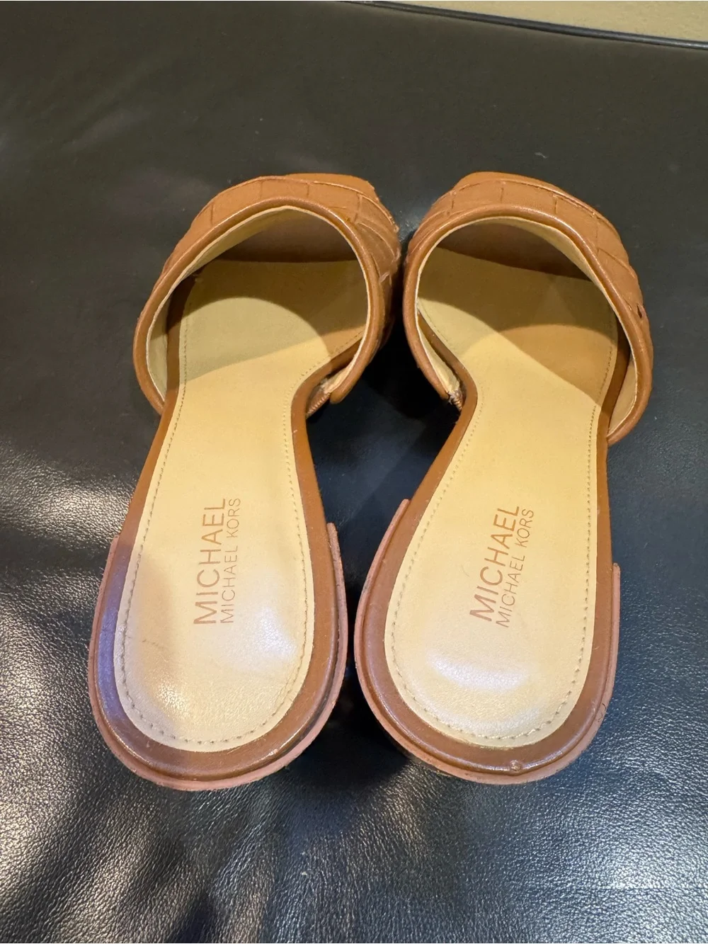 Michael Kors Cognac Woven Leather Block Heel Mules